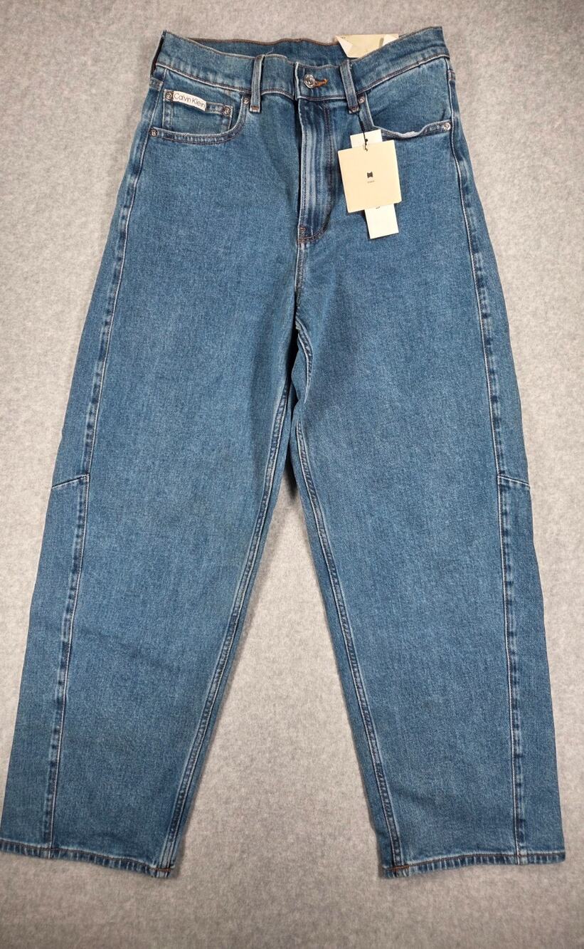 Calvin Klein NWT High Rise Barrel Jeans Runaway Blue Stretch Size 28 Regular NEW
